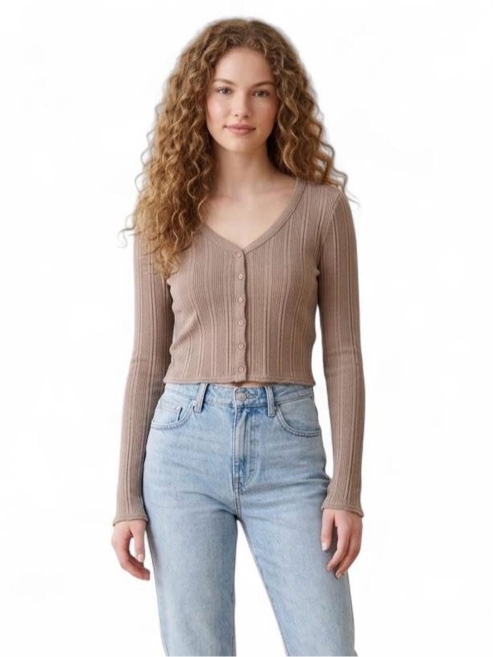 Forever 21 Taupe Ribbed V-Neck Cropped Cardigan
